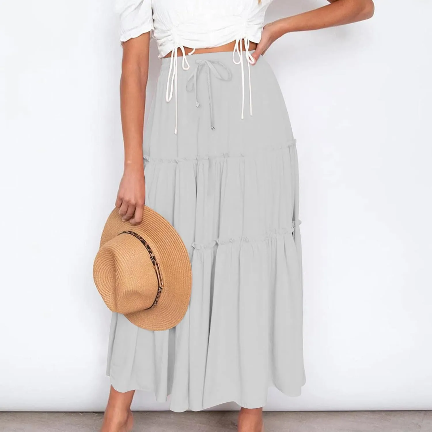 Women's Boho Maxi Skirt Summer Flowy Skirts A Line Pleated Skirts Ruffle Tiered Skirt Drawstring High Waist Skirt
