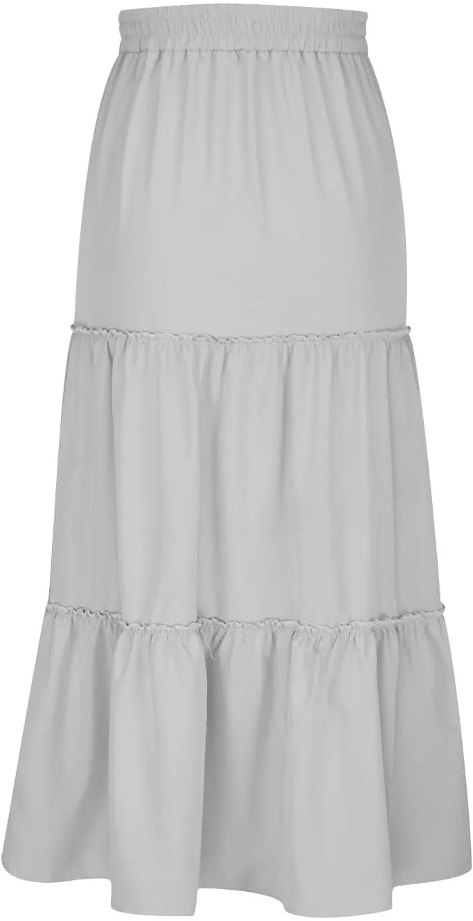 Women's Boho Maxi Skirt Summer Flowy Skirts A Line Pleated Skirts Ruffle Tiered Skirt Drawstring High Waist Skirt