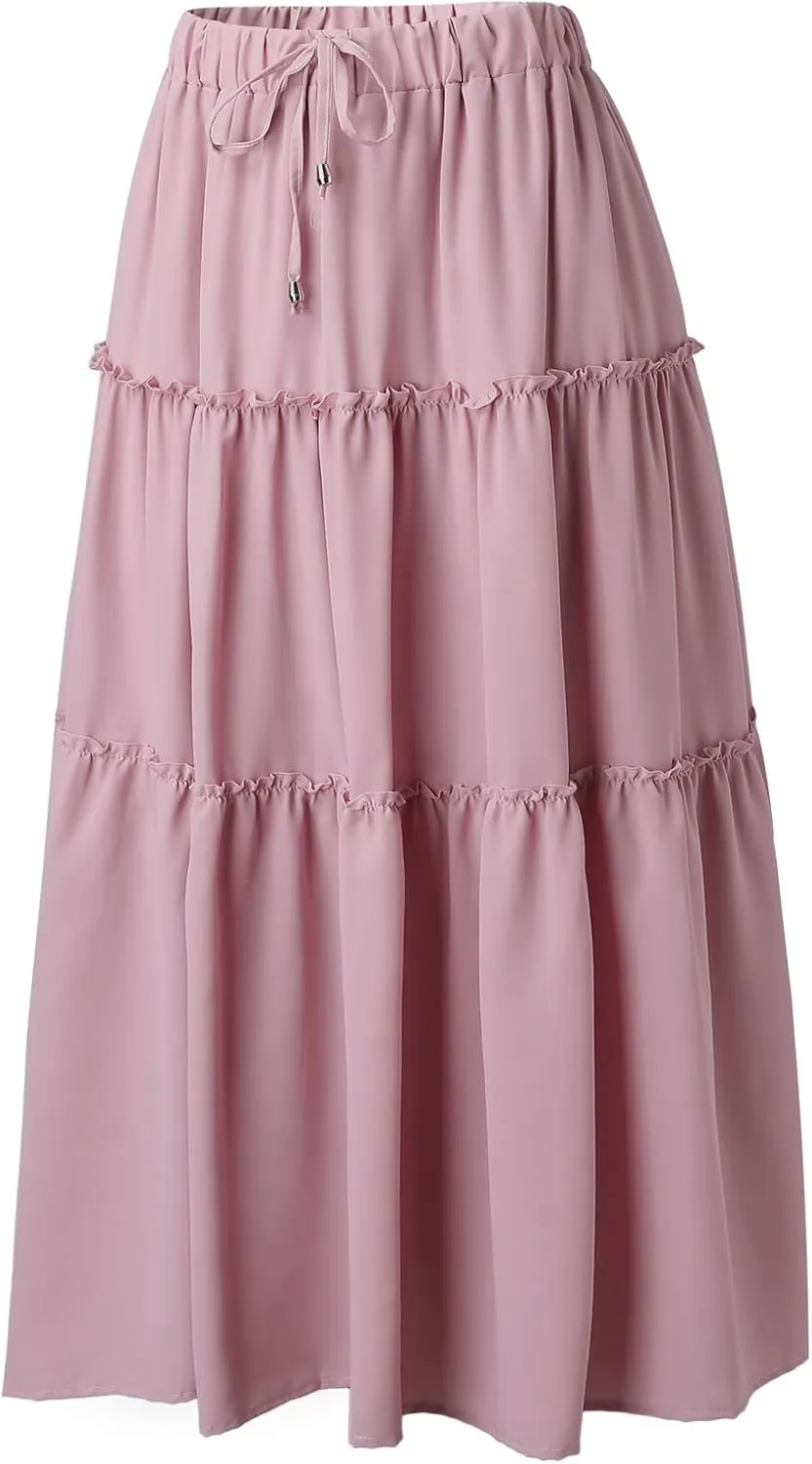 Womens Boho Pleated Ruched Ruffle Drawstring High Rise Maxi Skirt Skirts for Women Trendy High Waist Robe Flowy Dress