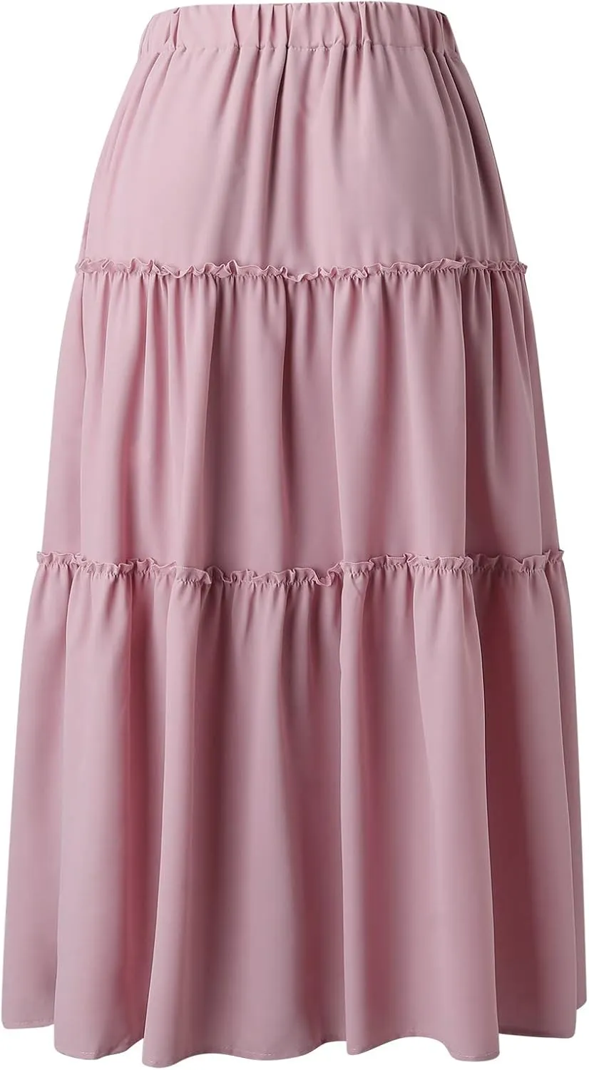 Womens Boho Pleated Ruched Ruffle Drawstring High Rise Maxi Skirt Skirts for Women Trendy High Waist Robe Flowy Dress