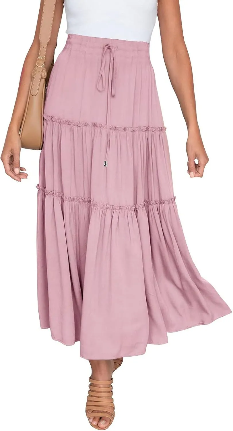 Womens Boho Pleated Ruched Ruffle Drawstring High Rise Maxi Skirt Skirts for Women Trendy High Waist Robe Flowy Dress