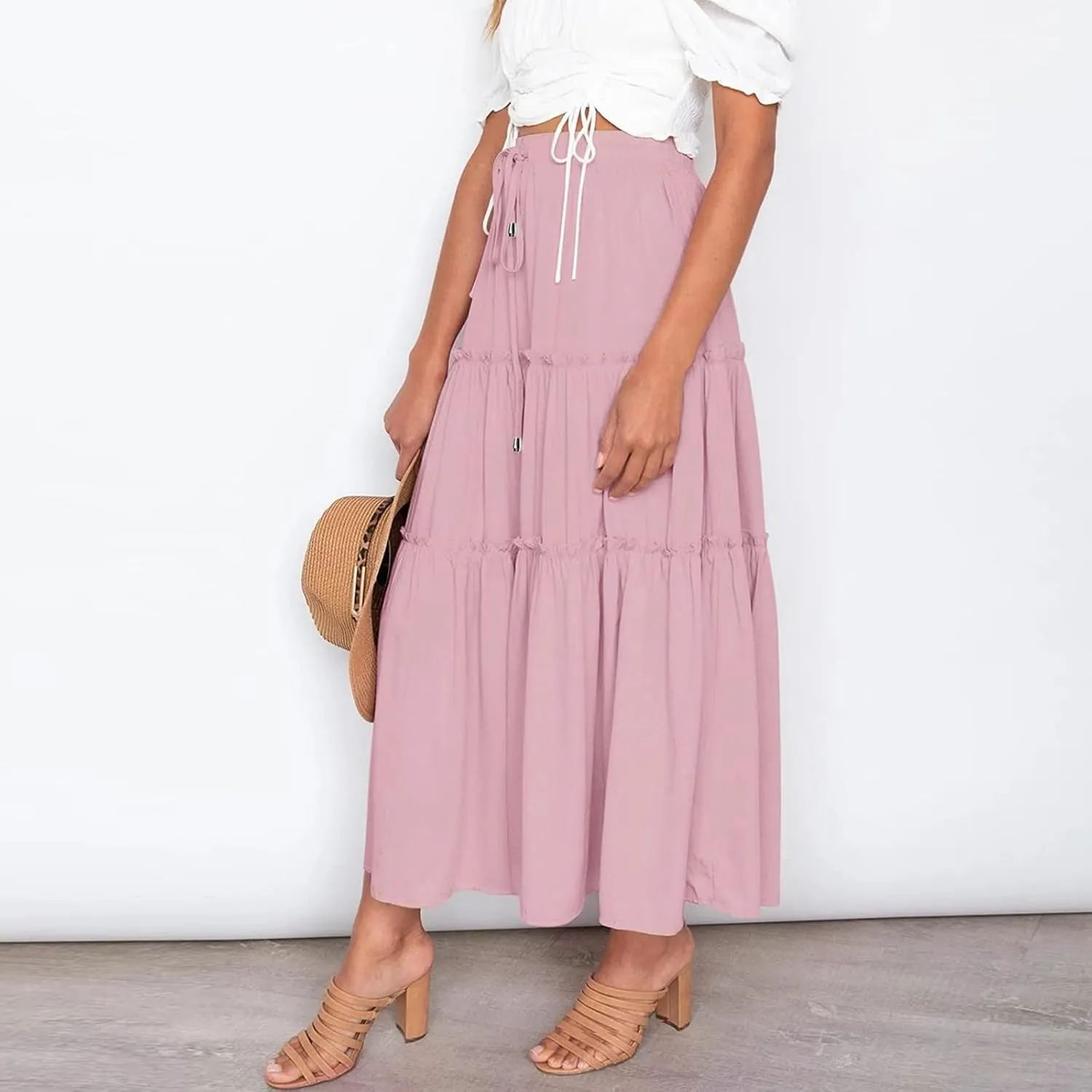 Womens Boho Pleated Ruched Ruffle Drawstring High Rise Maxi Skirt Skirts for Women Trendy High Waist Robe Flowy Dress