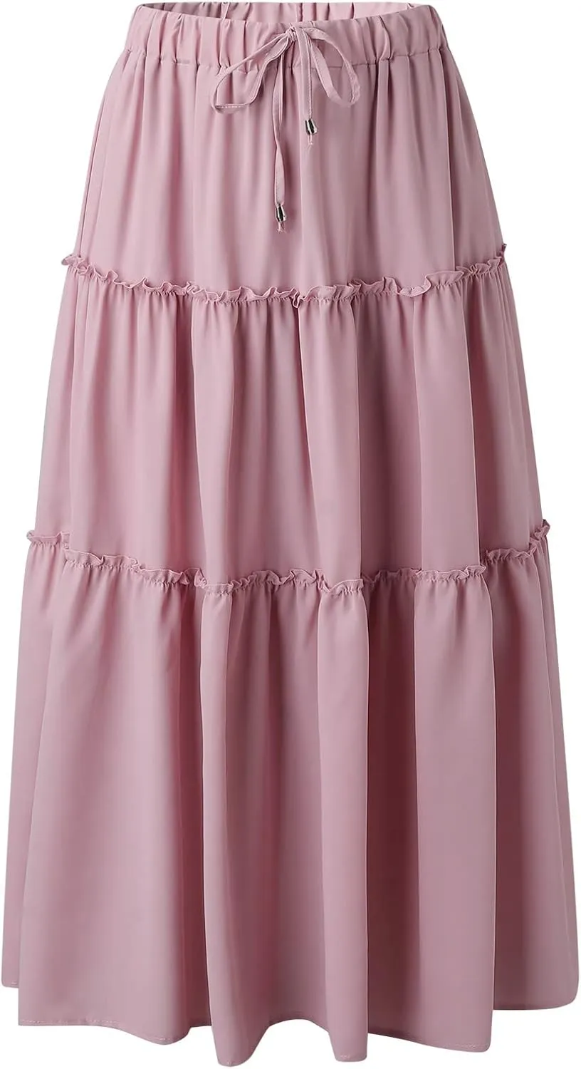 Womens Boho Pleated Ruched Ruffle Drawstring High Rise Maxi Skirt Skirts for Women Trendy High Waist Robe Flowy Dress