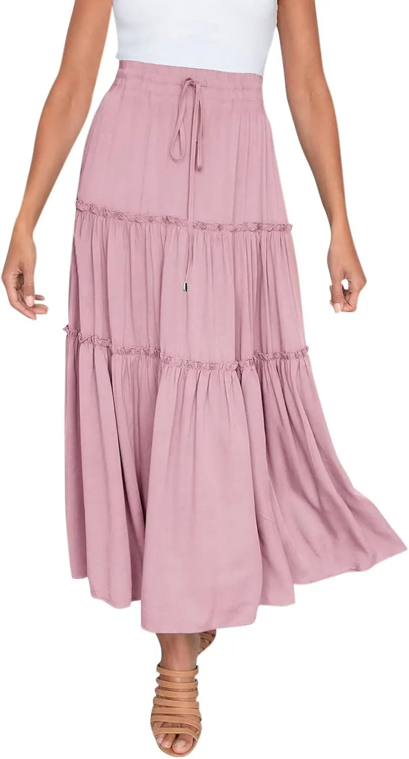 Womens Boho Pleated Ruched Ruffle Drawstring High Rise Maxi Skirt Skirts for Women Trendy High Waist Robe Flowy Dress