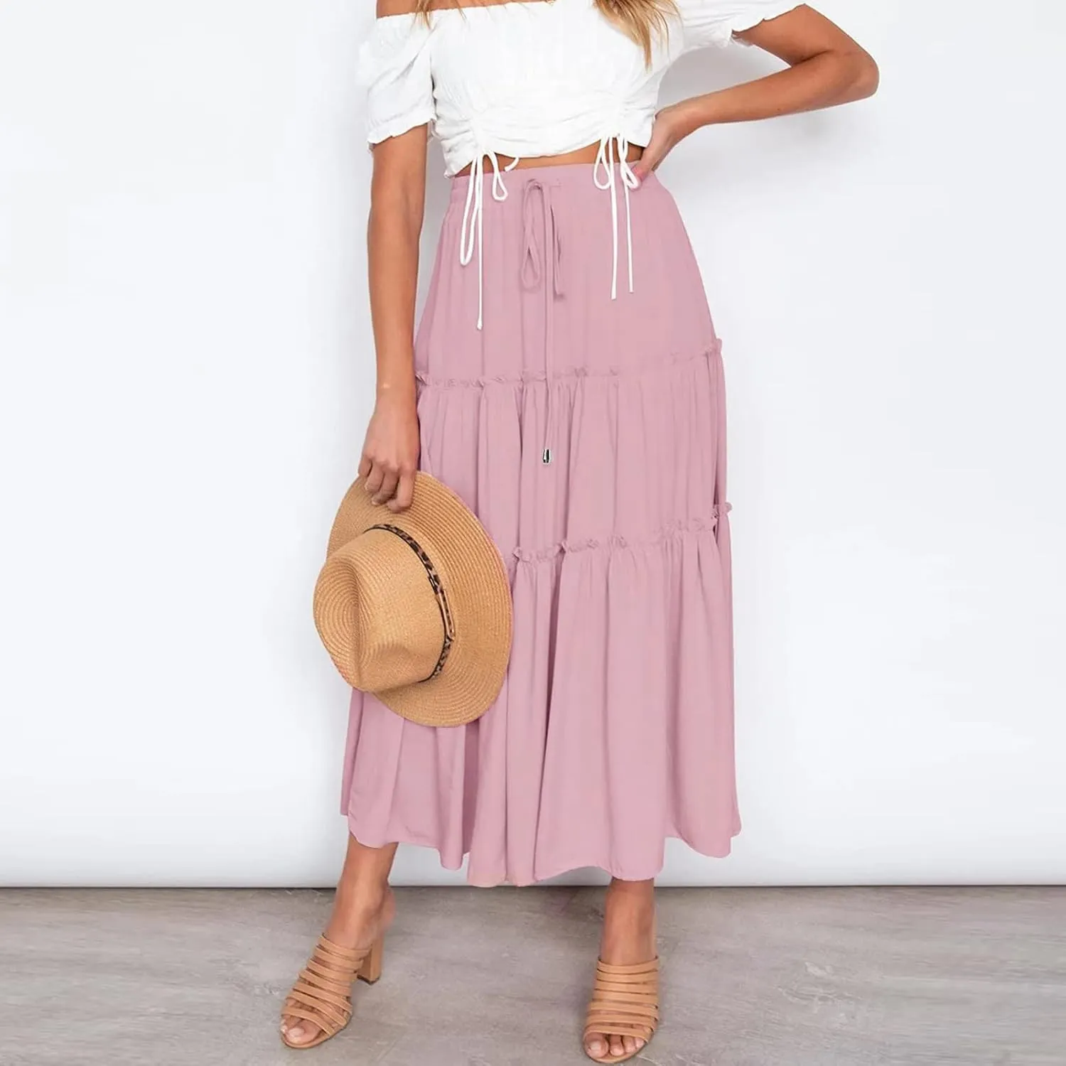 Womens Boho Pleated Ruched Ruffle Drawstring High Rise Maxi Skirt Skirts for Women Trendy High Waist Robe Flowy Dress