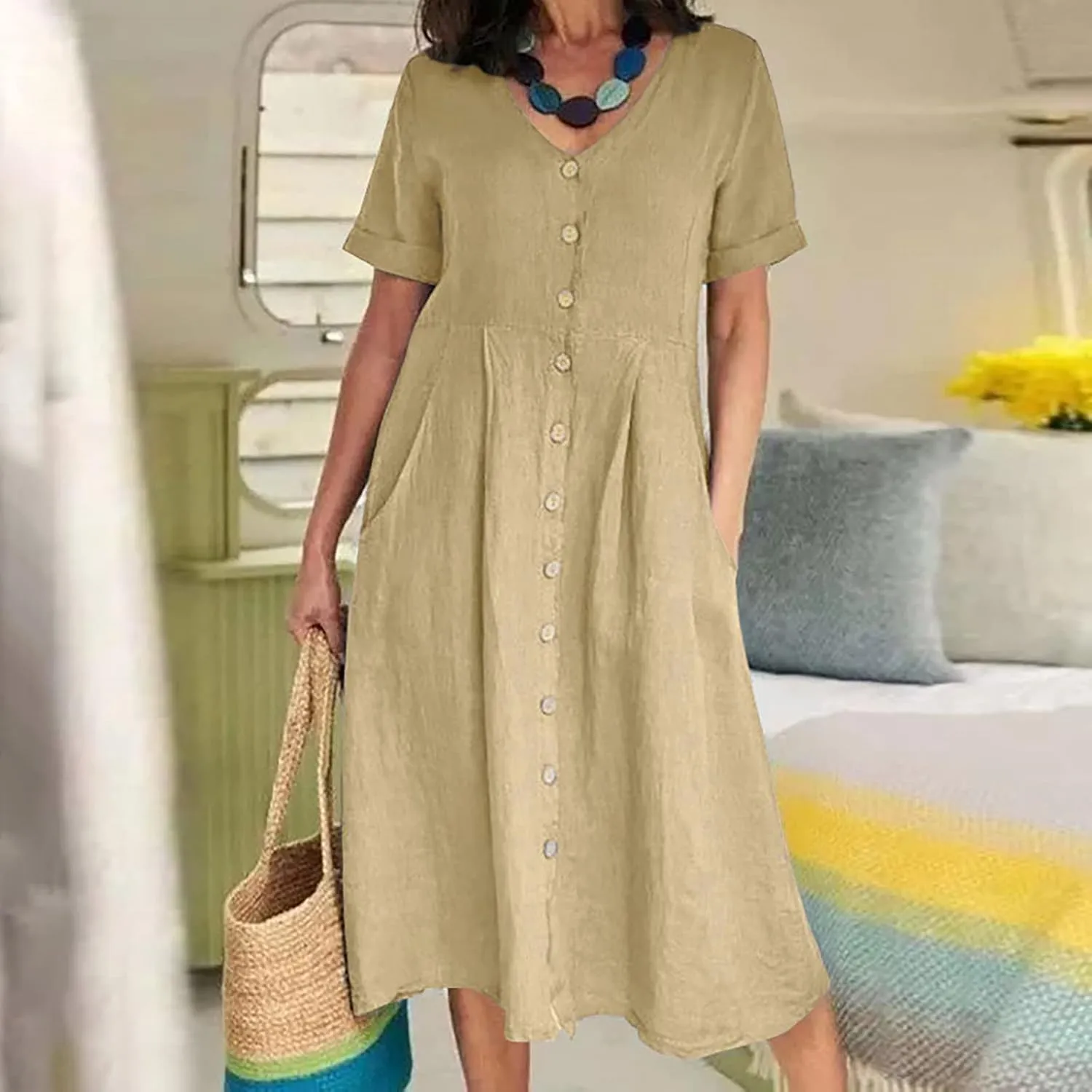 Womens Button Down Cotton Linen Empire Waist Dress Summer Trendy V Neck Short Sleeve Elegant Midi A-Line Dresses