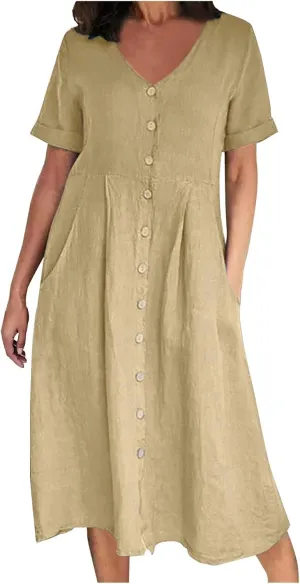 Womens Button Down Cotton Linen Empire Waist Dress Summer Trendy V Neck Short Sleeve Elegant Midi A-Line Dresses