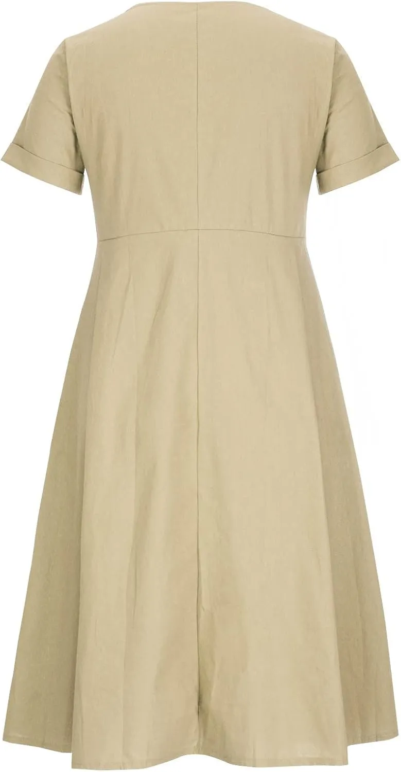 Womens Button Down Cotton Linen Empire Waist Dress Summer Trendy V Neck Short Sleeve Elegant Midi A-Line Dresses