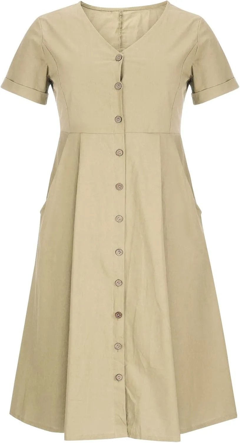 Womens Button Down Cotton Linen Empire Waist Dress Summer Trendy V Neck Short Sleeve Elegant Midi A-Line Dresses