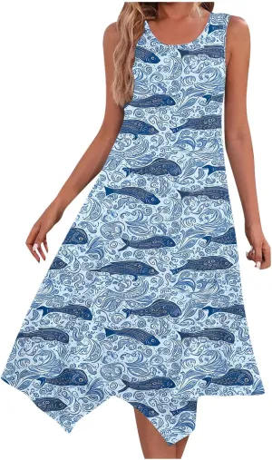 Women's Casual Dresses 2025 Summer Sleeveless Midi Sundress Flowy Ruffle Hem Swing Long Dress Beach Vacation