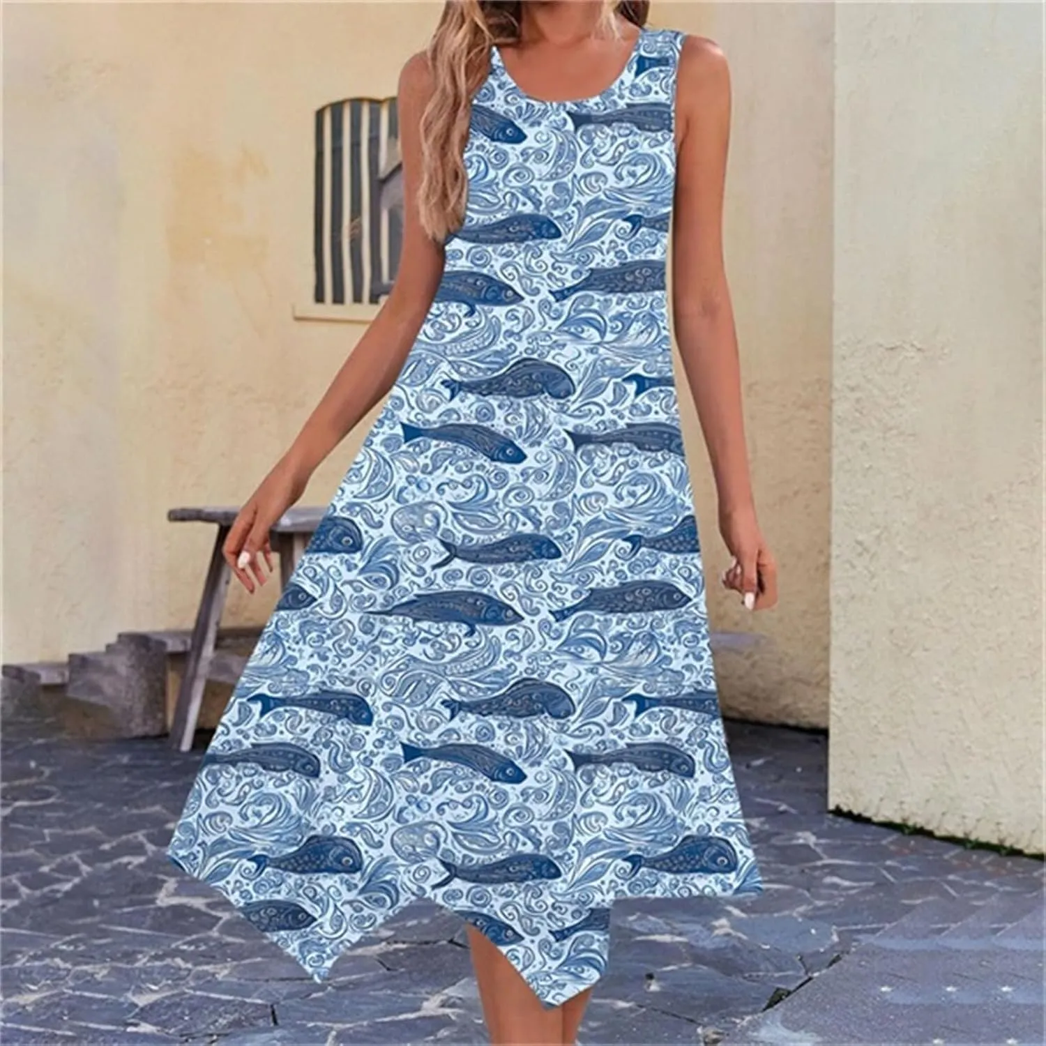 Women's Casual Dresses 2025 Summer Sleeveless Midi Sundress Flowy Ruffle Hem Swing Long Dress Beach Vacation