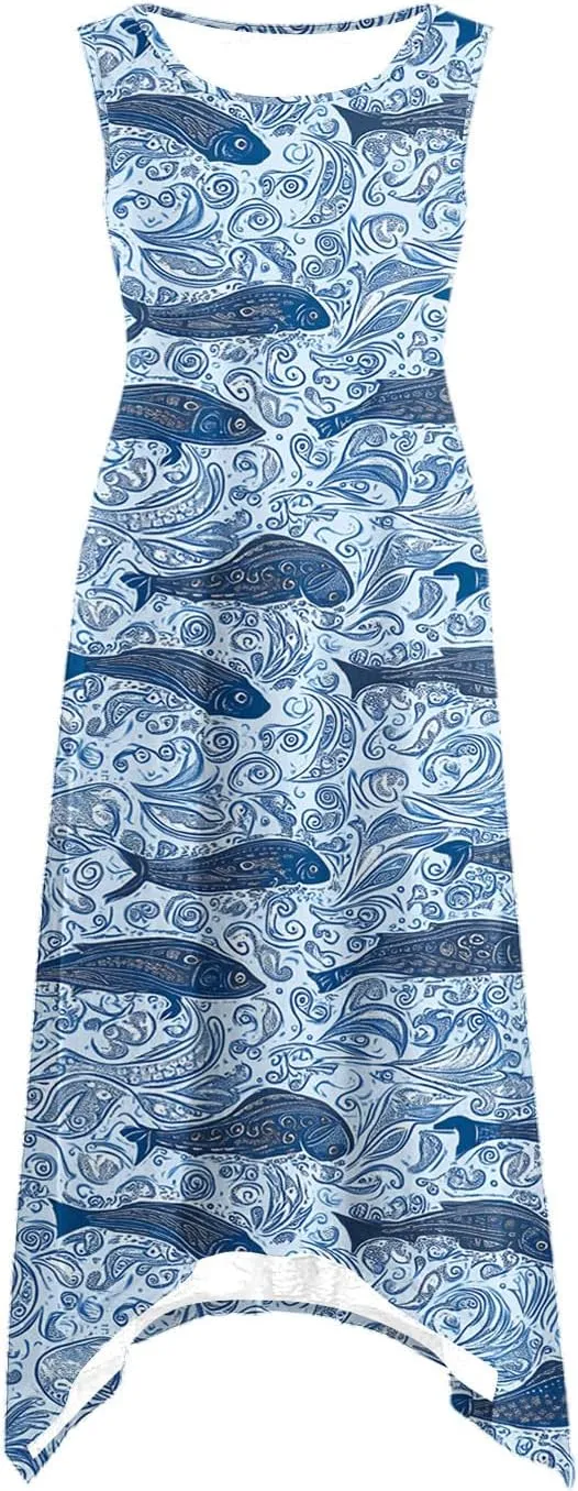 Women's Casual Dresses 2025 Summer Sleeveless Midi Sundress Flowy Ruffle Hem Swing Long Dress Beach Vacation