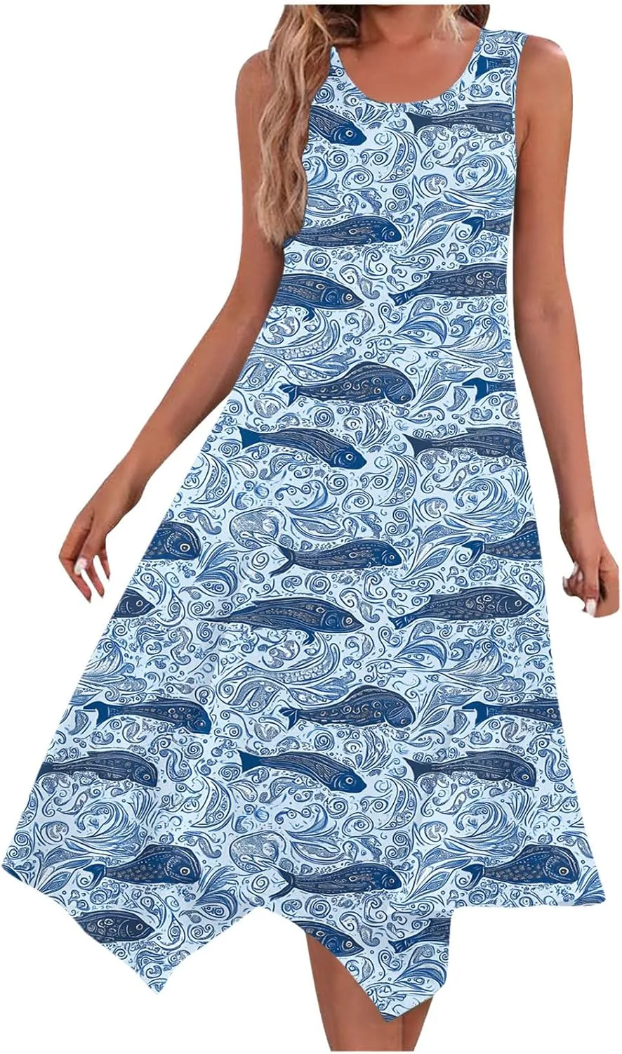 Women's Casual Dresses 2025 Summer Sleeveless Midi Sundress Flowy Ruffle Hem Swing Long Dress Beach Vacation