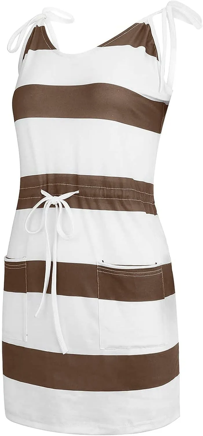 Women's Casual Dresses 2025 Summer Vacation A-Line Stripes Mini Dresses V-Neck Sleeveless Mini Dresses with Pockets