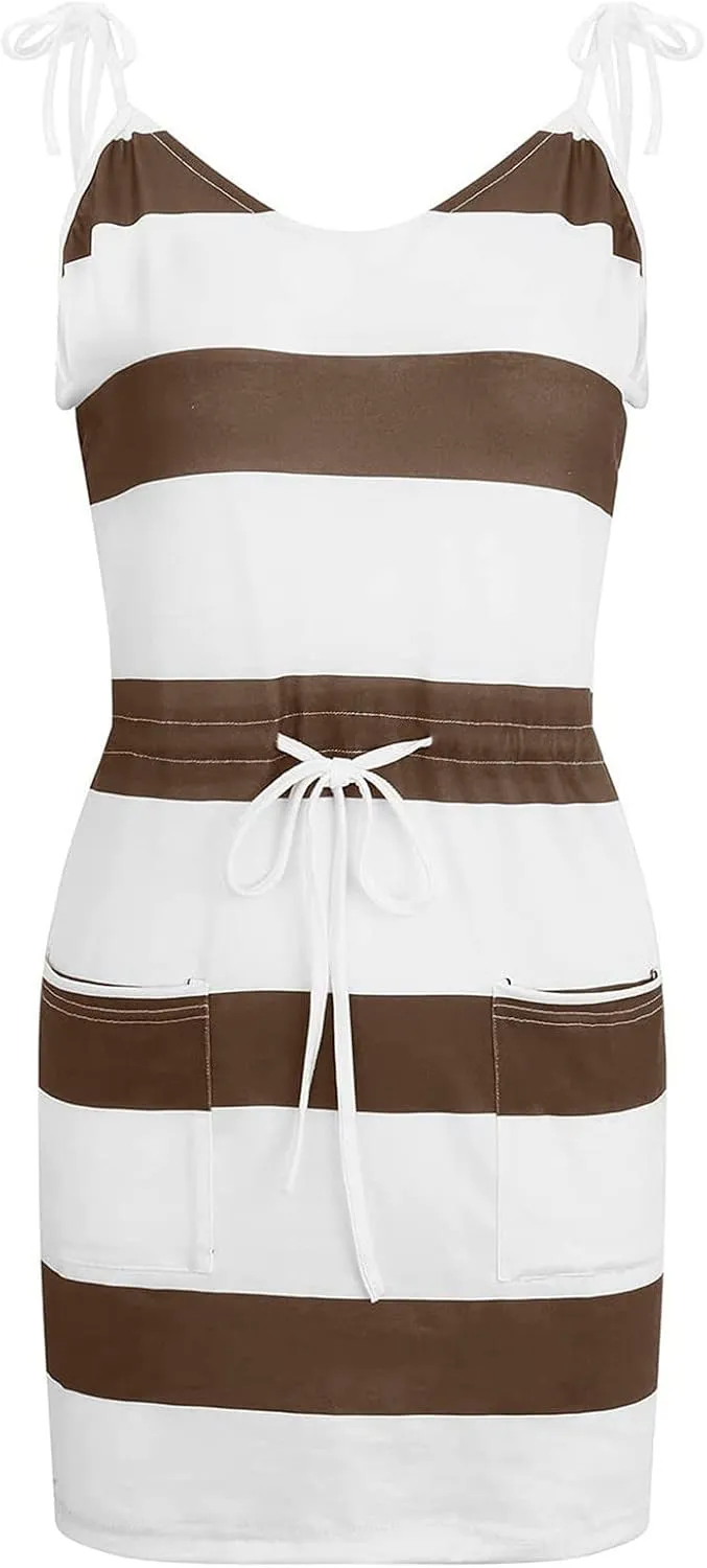 Women's Casual Dresses 2025 Summer Vacation A-Line Stripes Mini Dresses V-Neck Sleeveless Mini Dresses with Pockets