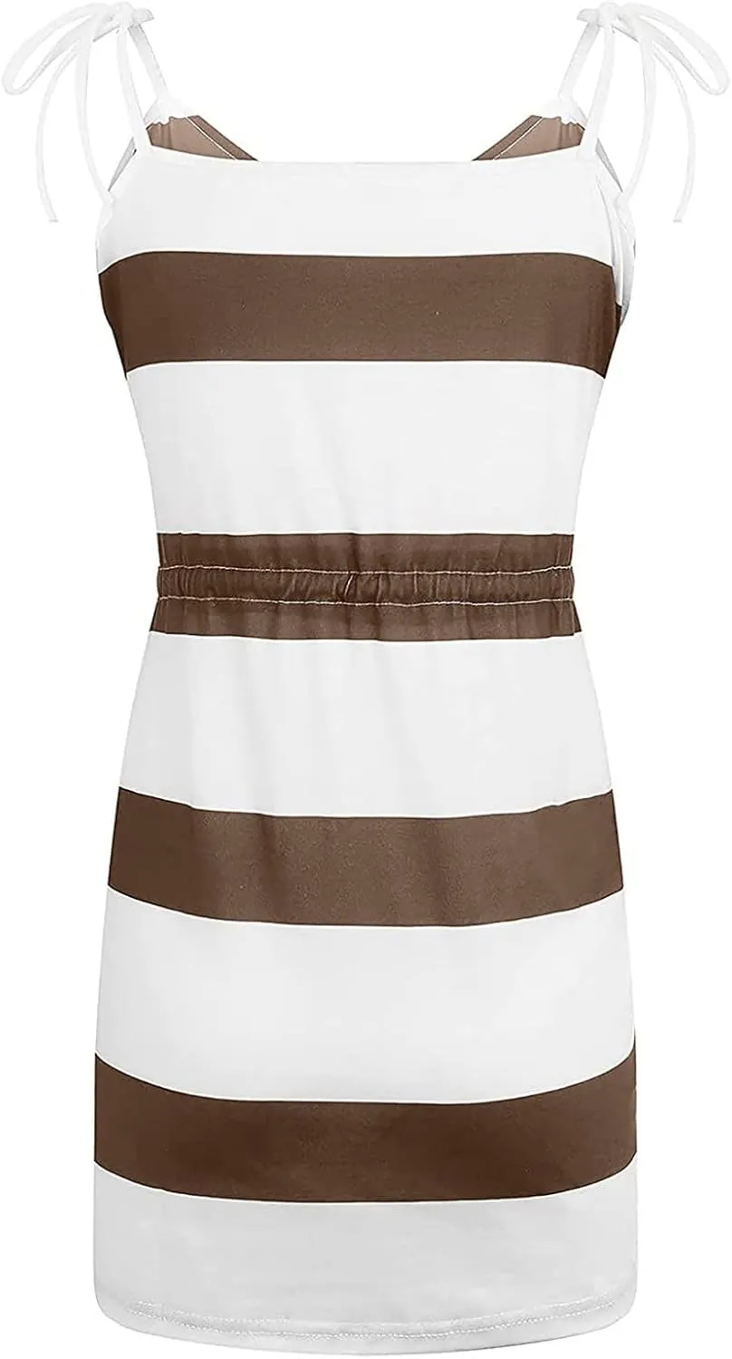Women's Casual Dresses 2025 Summer Vacation A-Line Stripes Mini Dresses V-Neck Sleeveless Mini Dresses with Pockets
