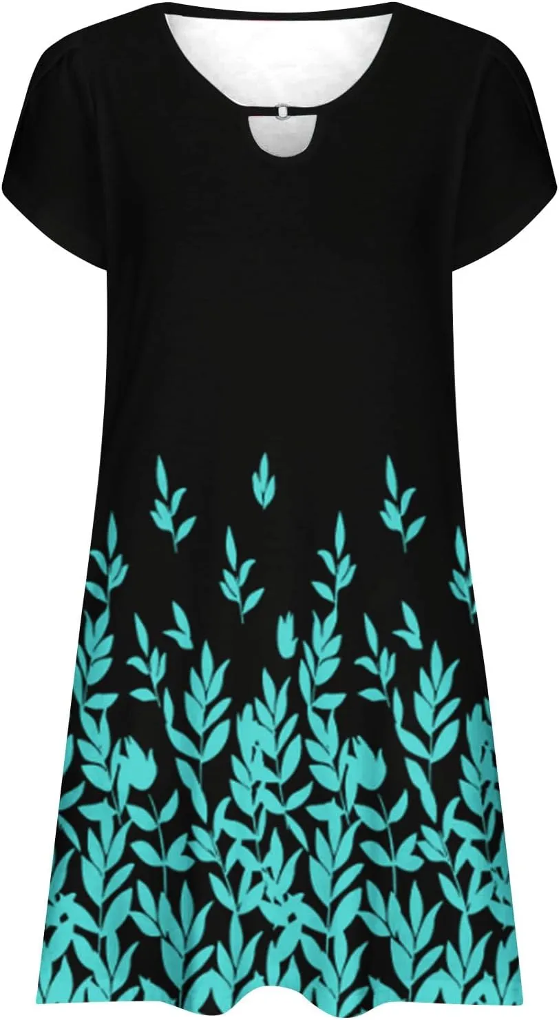 Women's Casual Summer A-Line Dresses Beach Floral Tshirt Dress Short Sleeve Mini Dress Flowy Sundresses