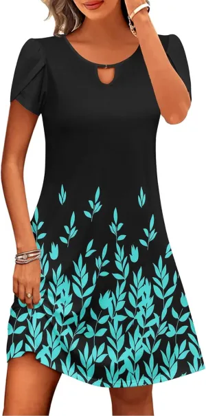 Women's Casual Summer A-Line Dresses Beach Floral Tshirt Dress Short Sleeve Mini Dress Flowy Sundresses