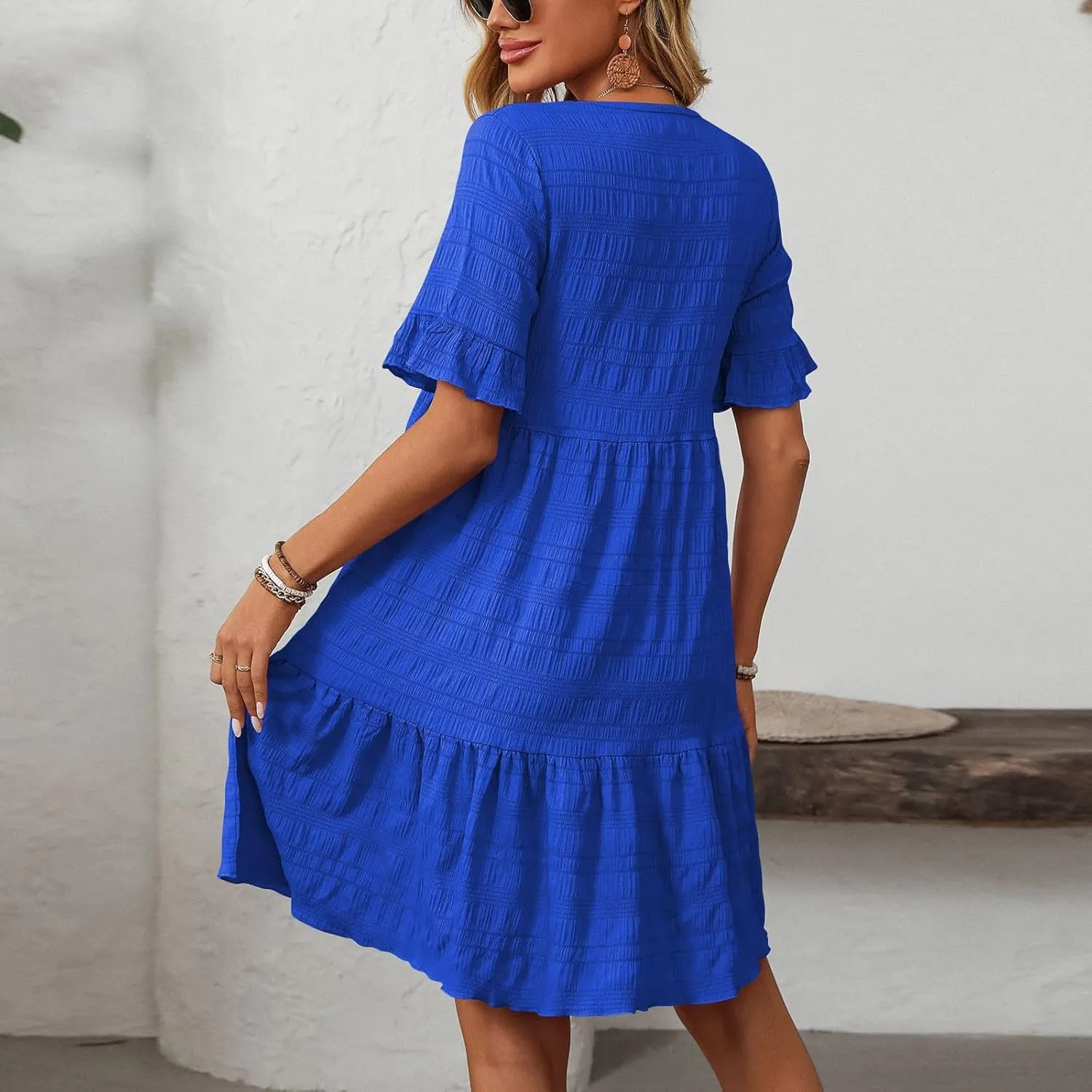 Women's Casual Tiered Dress Crew Neck Ruffle Short Sleeve Knee Length Sundress Swing Mini A-Line Dresses