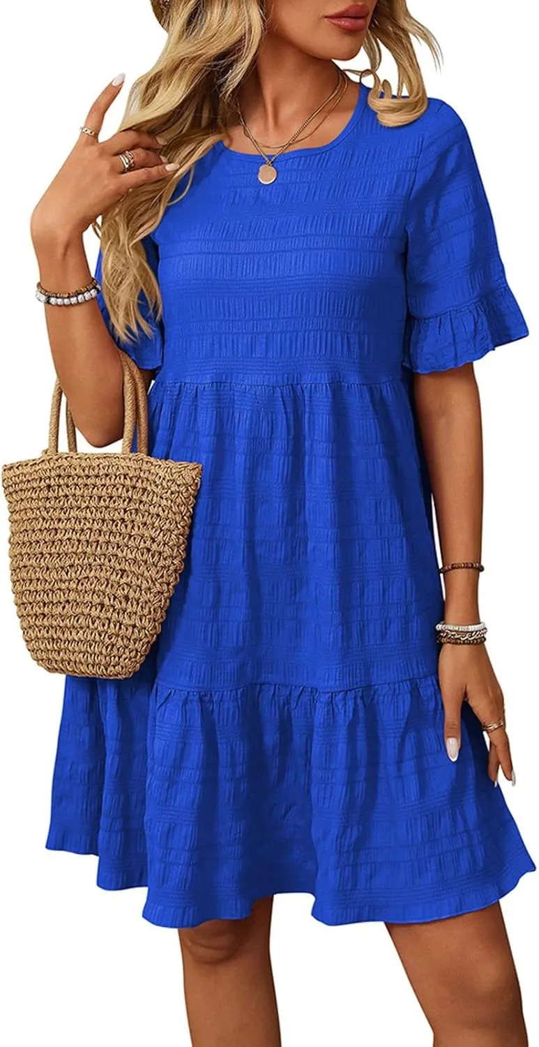 Women's Casual Tiered Dress Crew Neck Ruffle Short Sleeve Knee Length Sundress Swing Mini A-Line Dresses