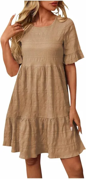 Women's Casual Tiered Dress Crew Neck Ruffle Short Sleeve Knee Length Sundress Swing Mini A-Line Dresses