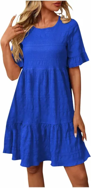Women's Casual Tiered Dress Crew Neck Ruffle Short Sleeve Knee Length Sundress Swing Mini A-Line Dresses