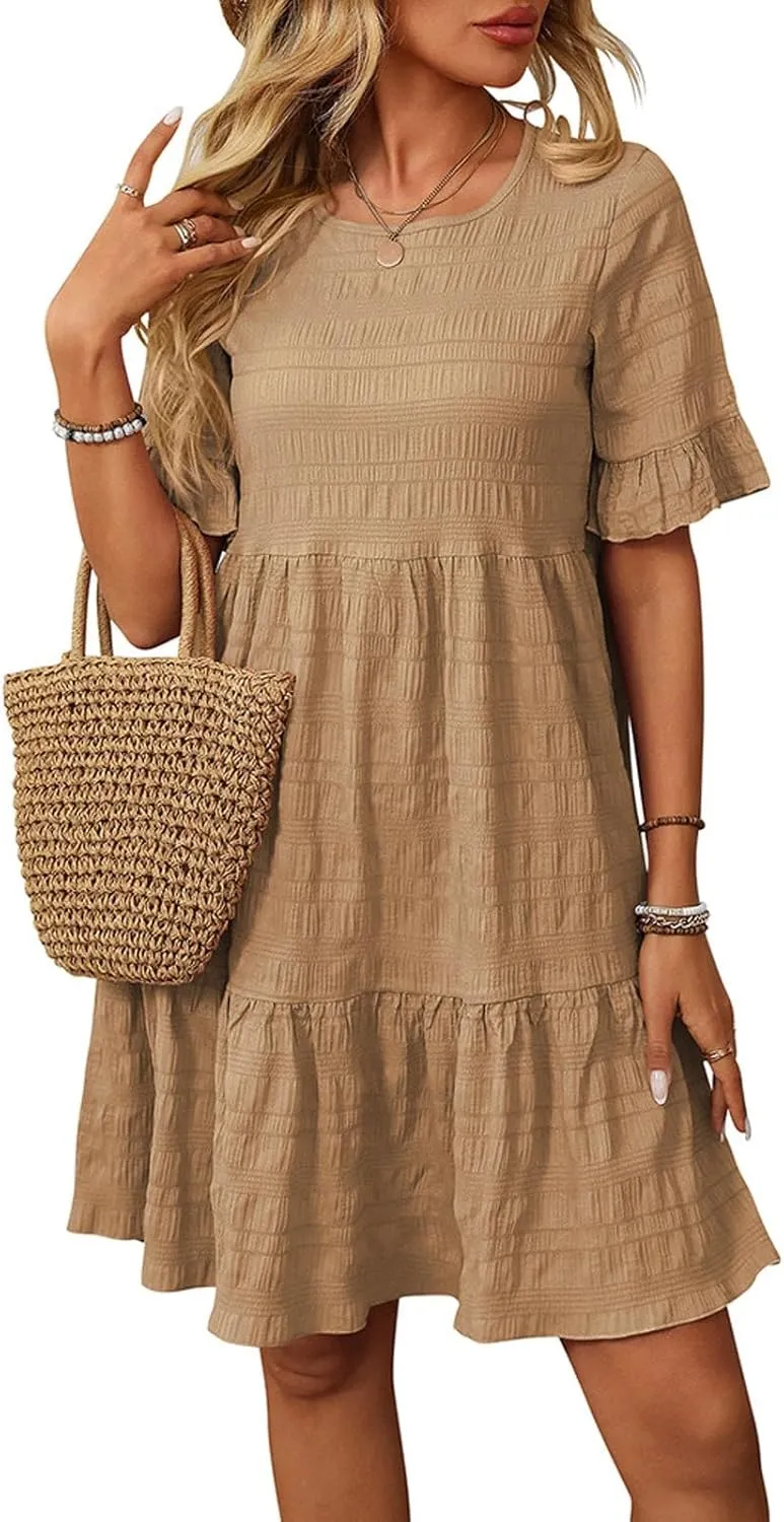 Women's Casual Tiered Dress Crew Neck Ruffle Short Sleeve Knee Length Sundress Swing Mini A-Line Dresses
