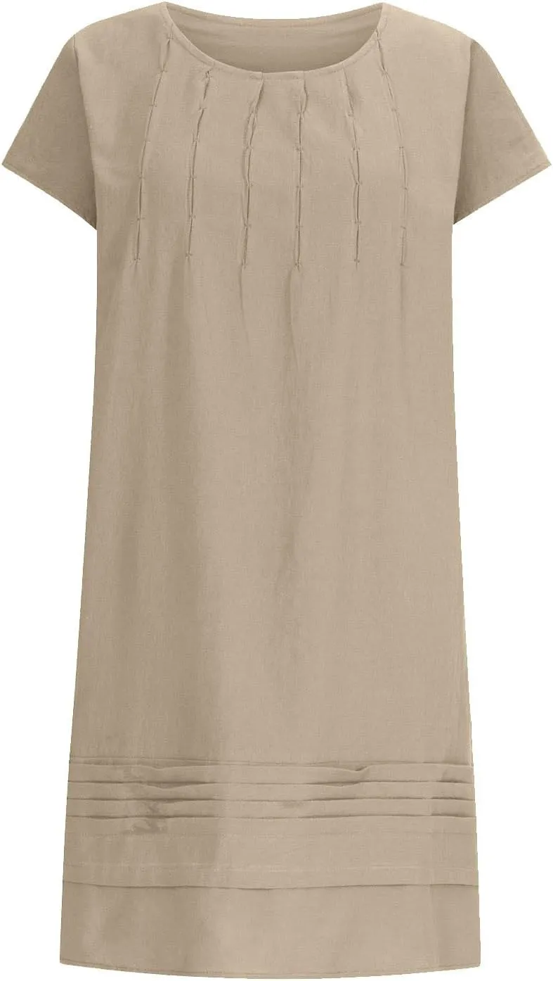 Women's Cotten Linen Summer Dresses Midi Casual Cap Sleeve Crewneck A Line Flowy Swing Beach Trendy Sundress