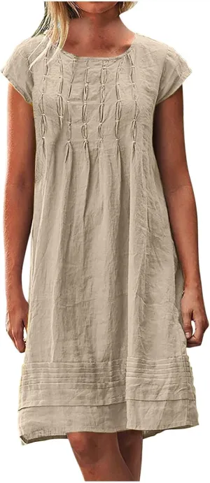 Women's Cotten Linen Summer Dresses Midi Casual Cap Sleeve Crewneck A Line Flowy Swing Beach Trendy Sundress