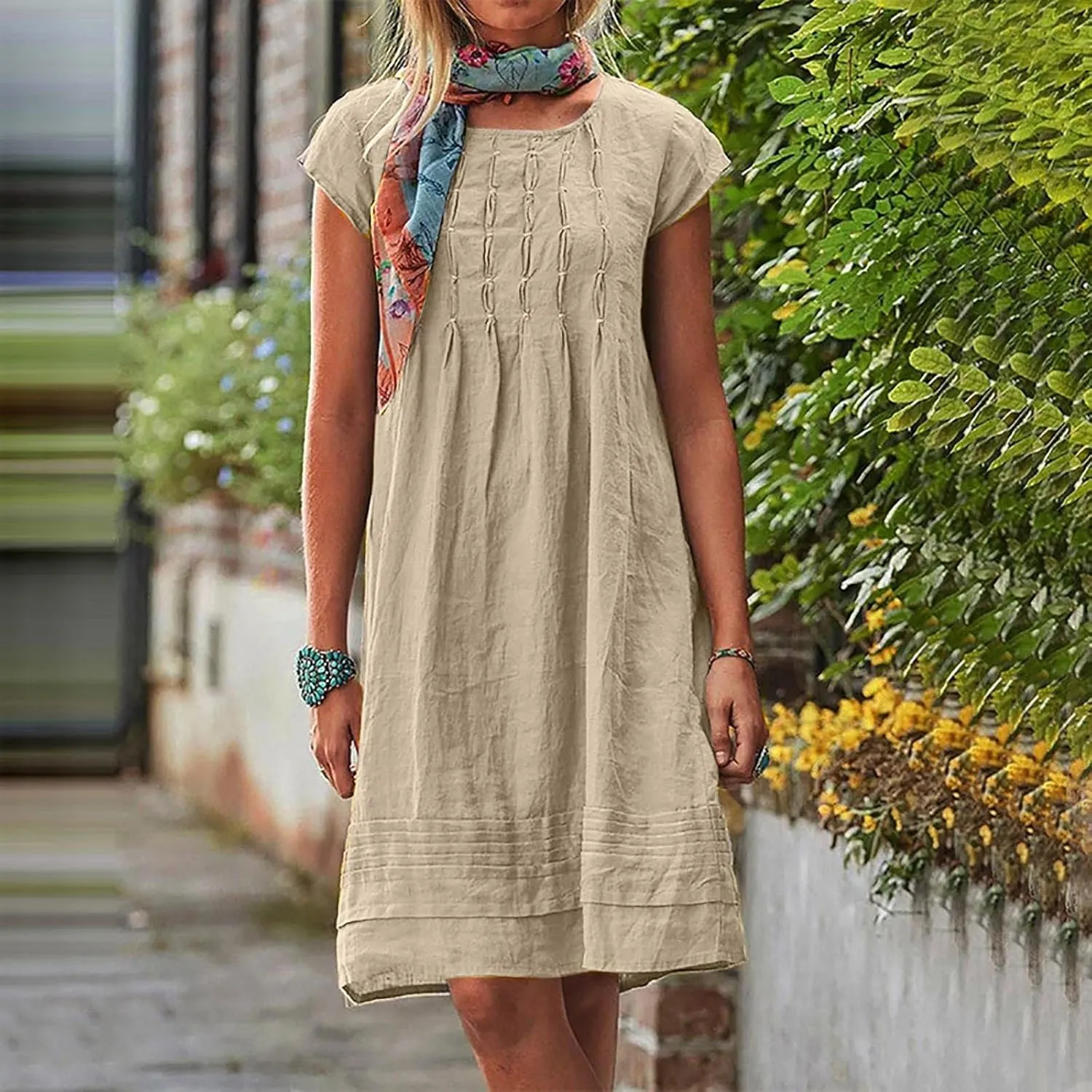 Women's Cotten Linen Summer Dresses Midi Casual Cap Sleeve Crewneck A Line Flowy Swing Beach Trendy Sundress
