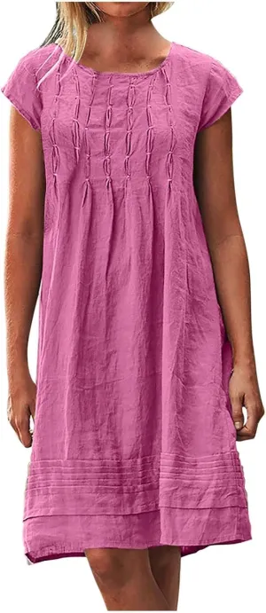 Women's Cotten Linen Summer Dresses Midi Casual Cap Sleeve Crewneck A Line Flowy Swing Beach Trendy Sundress
