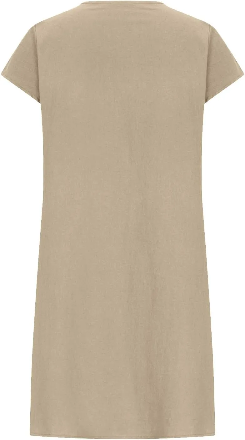 Women's Cotten Linen Summer Dresses Midi Casual Cap Sleeve Crewneck A Line Flowy Swing Beach Trendy Sundress