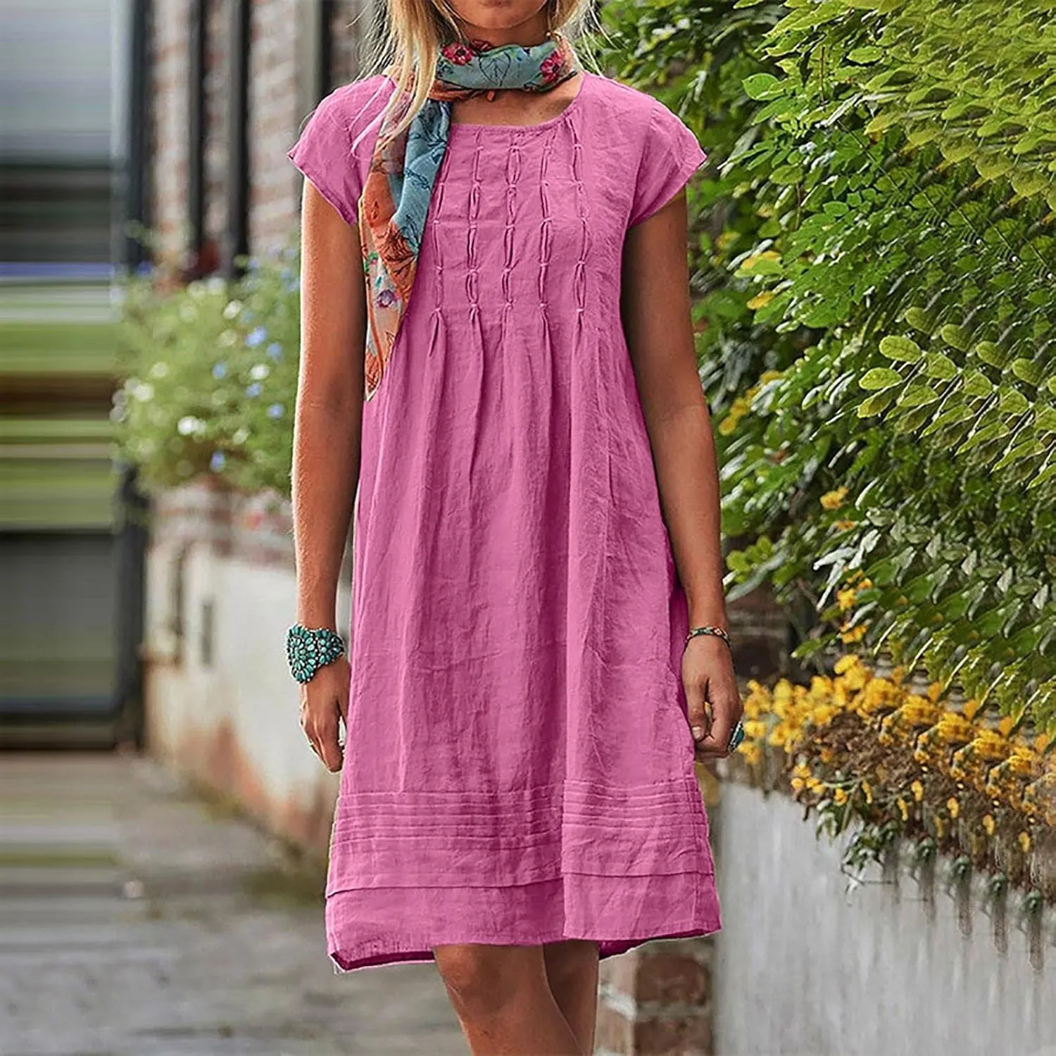 Women's Cotten Linen Summer Dresses Midi Casual Cap Sleeve Crewneck A Line Flowy Swing Beach Trendy Sundress