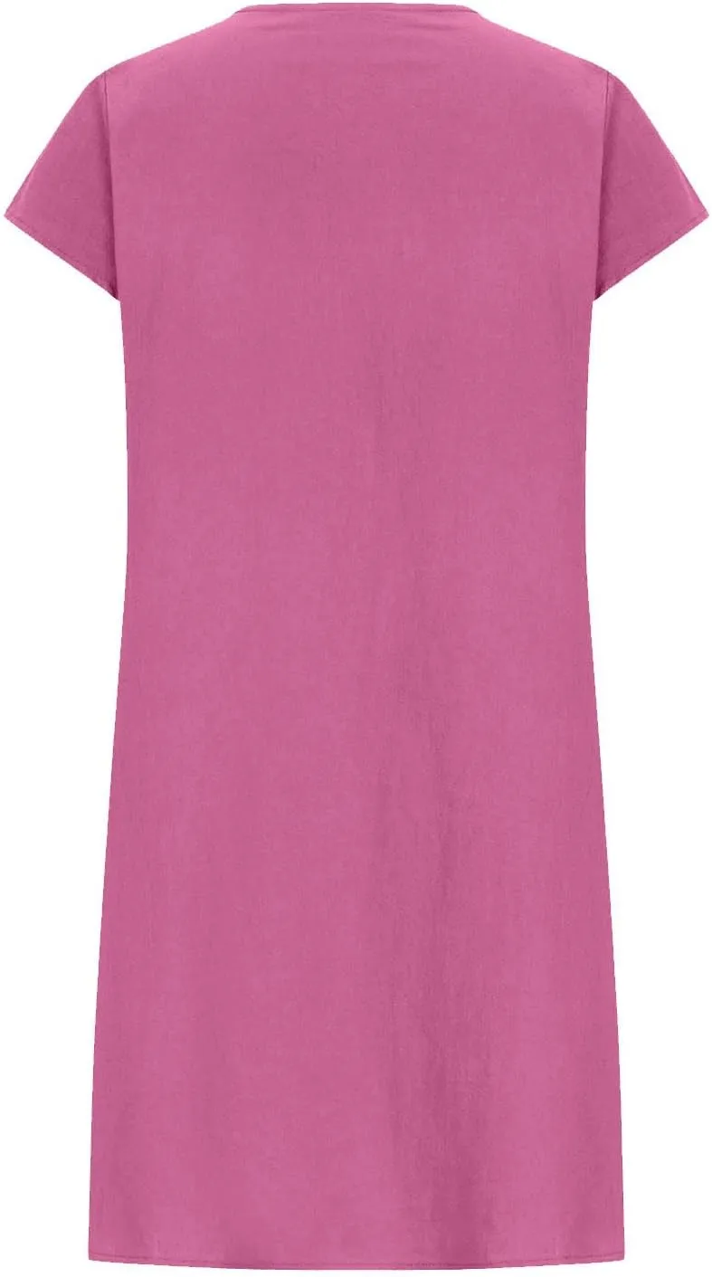 Women's Cotten Linen Summer Dresses Midi Casual Cap Sleeve Crewneck A Line Flowy Swing Beach Trendy Sundress