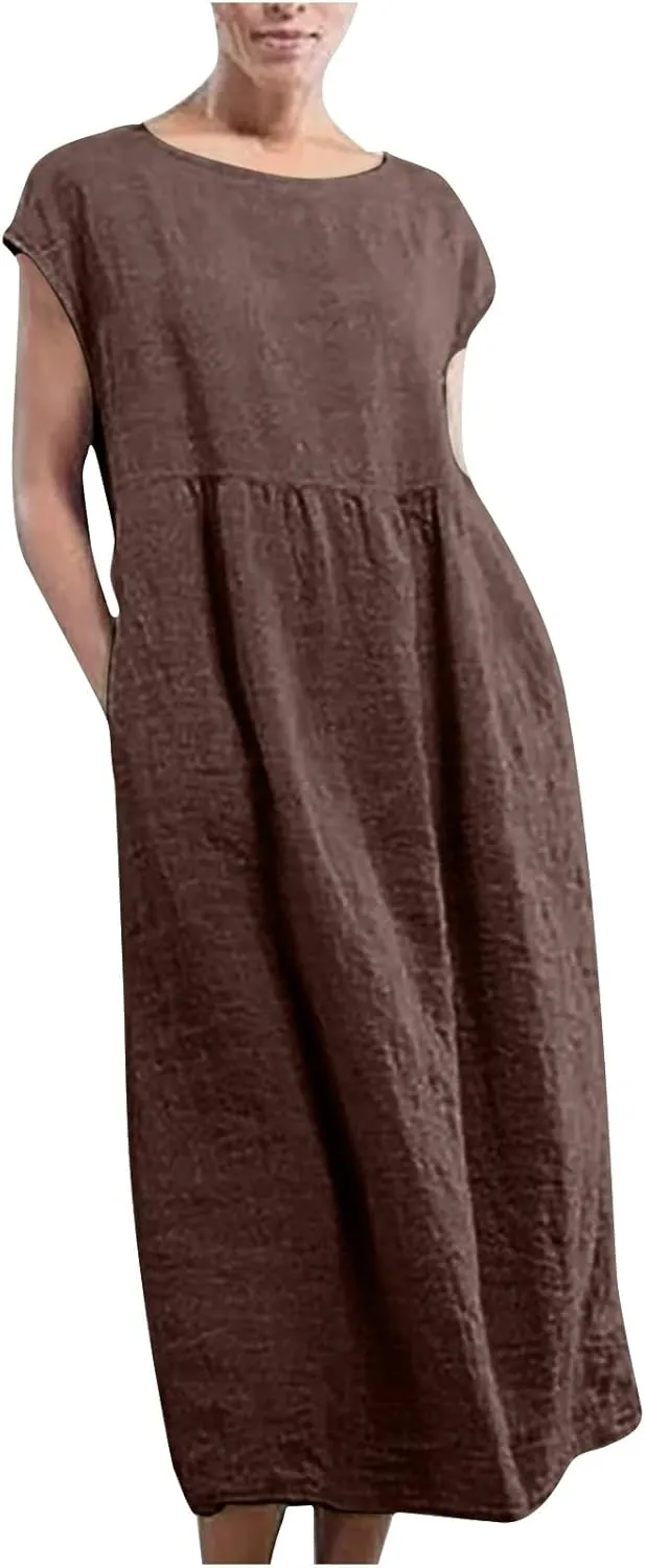 Women's Cotton Linen Dress with Pocket 2025 Plus Size Cap Sleeve Summer Dresses Vacation Crew Neck Casual Dress