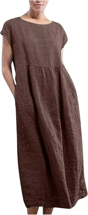 Women's Cotton Linen Dress with Pocket 2025 Plus Size Cap Sleeve Summer Dresses Vacation Crew Neck Casual Dress