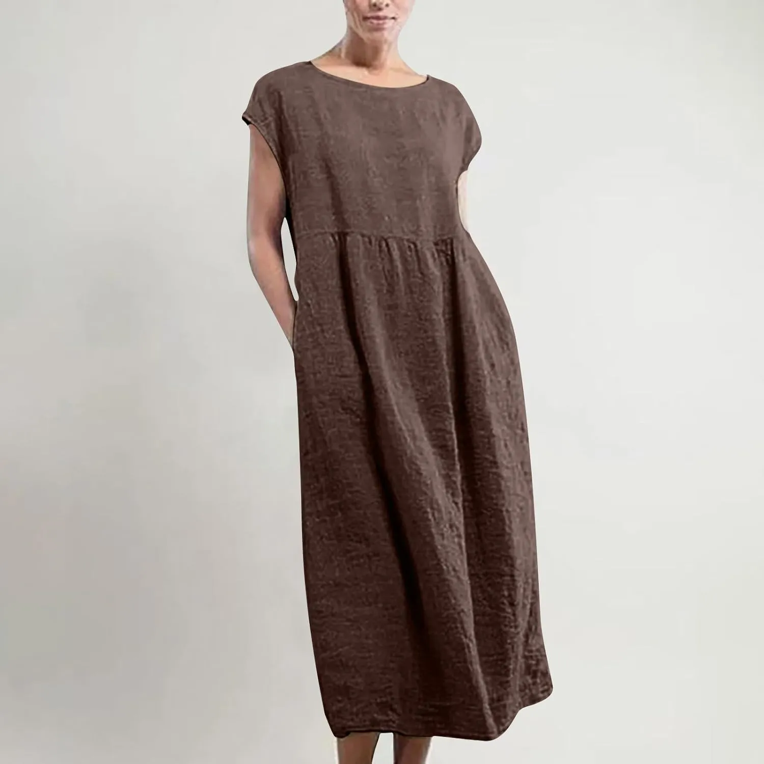 Women's Cotton Linen Dress with Pocket 2025 Plus Size Cap Sleeve Summer Dresses Vacation Crew Neck Casual Dress
