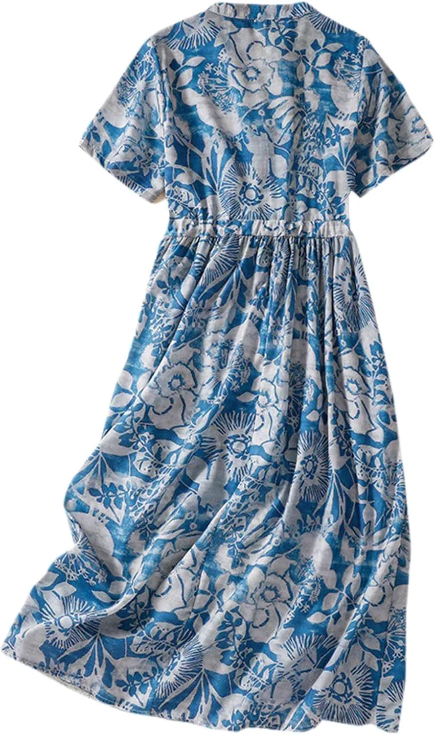 Women's Cotton Linen Dresses 2024 Summer Dressy Casual Half Sleeve Maxi Dresses Trendy Summer Vacation Outifts