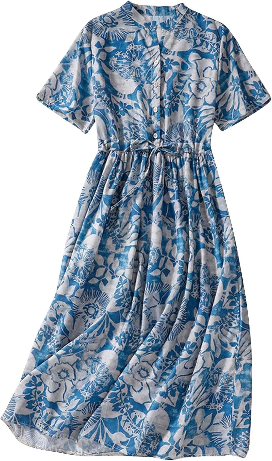 Women's Cotton Linen Dresses 2024 Summer Dressy Casual Half Sleeve Maxi Dresses Trendy Summer Vacation Outifts