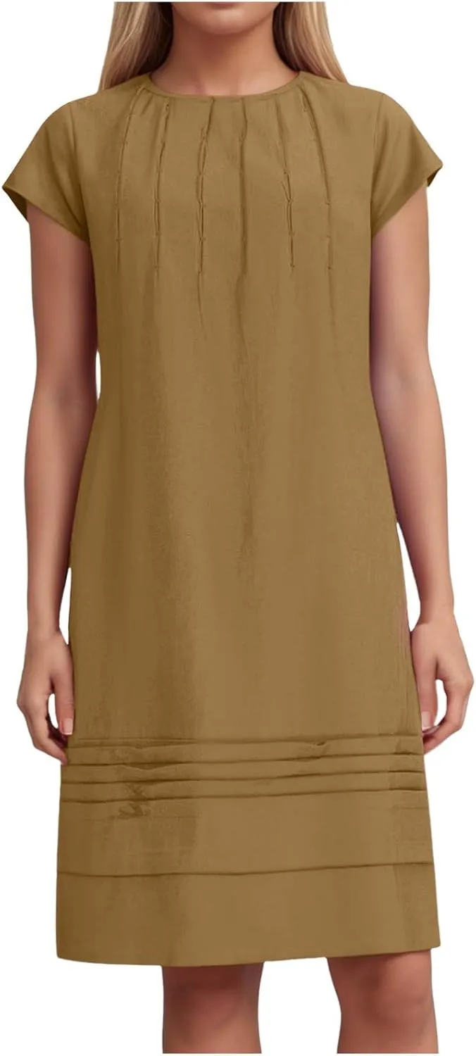 Women's Cotton Linen Midi Dress Plus Size Cap Sleeve Pleated Summer Vacation 2025 Crew Neck Casual Dresses