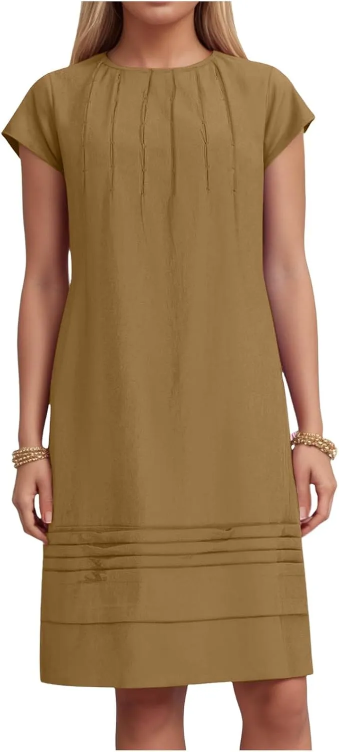 Women's Cotton Linen Midi Dress Plus Size Cap Sleeve Pleated Summer Vacation 2025 Crew Neck Casual Dresses