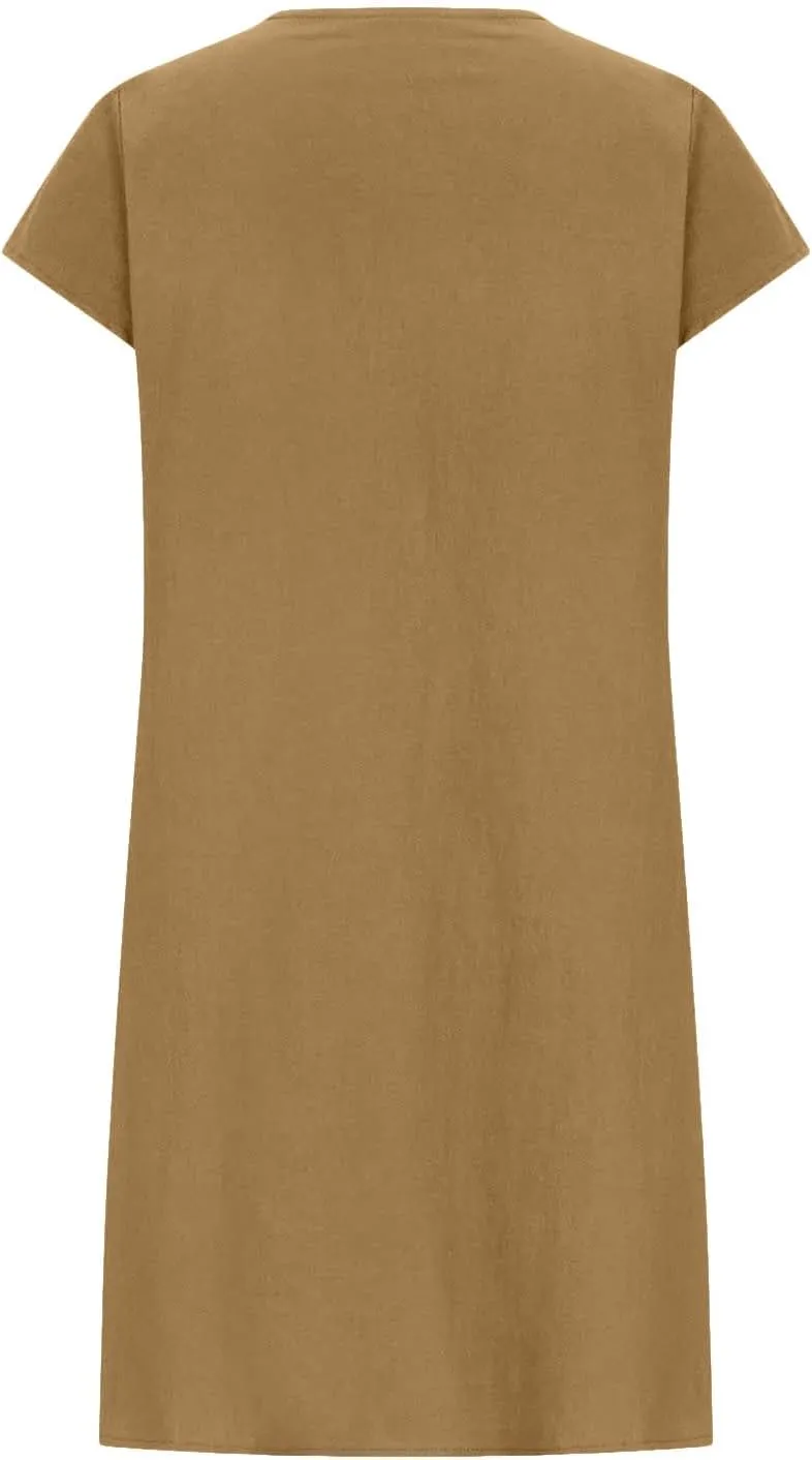 Women's Cotton Linen Midi Dress Plus Size Cap Sleeve Pleated Summer Vacation 2025 Crew Neck Casual Dresses