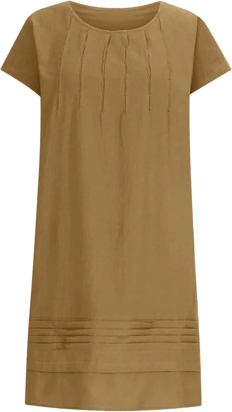 Women's Cotton Linen Midi Dress Plus Size Cap Sleeve Pleated Summer Vacation 2025 Crew Neck Casual Dresses
