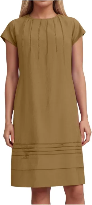 Women's Cotton Linen Midi Dress Plus Size Cap Sleeve Pleated Summer Vacation 2025 Crew Neck Casual Dresses
