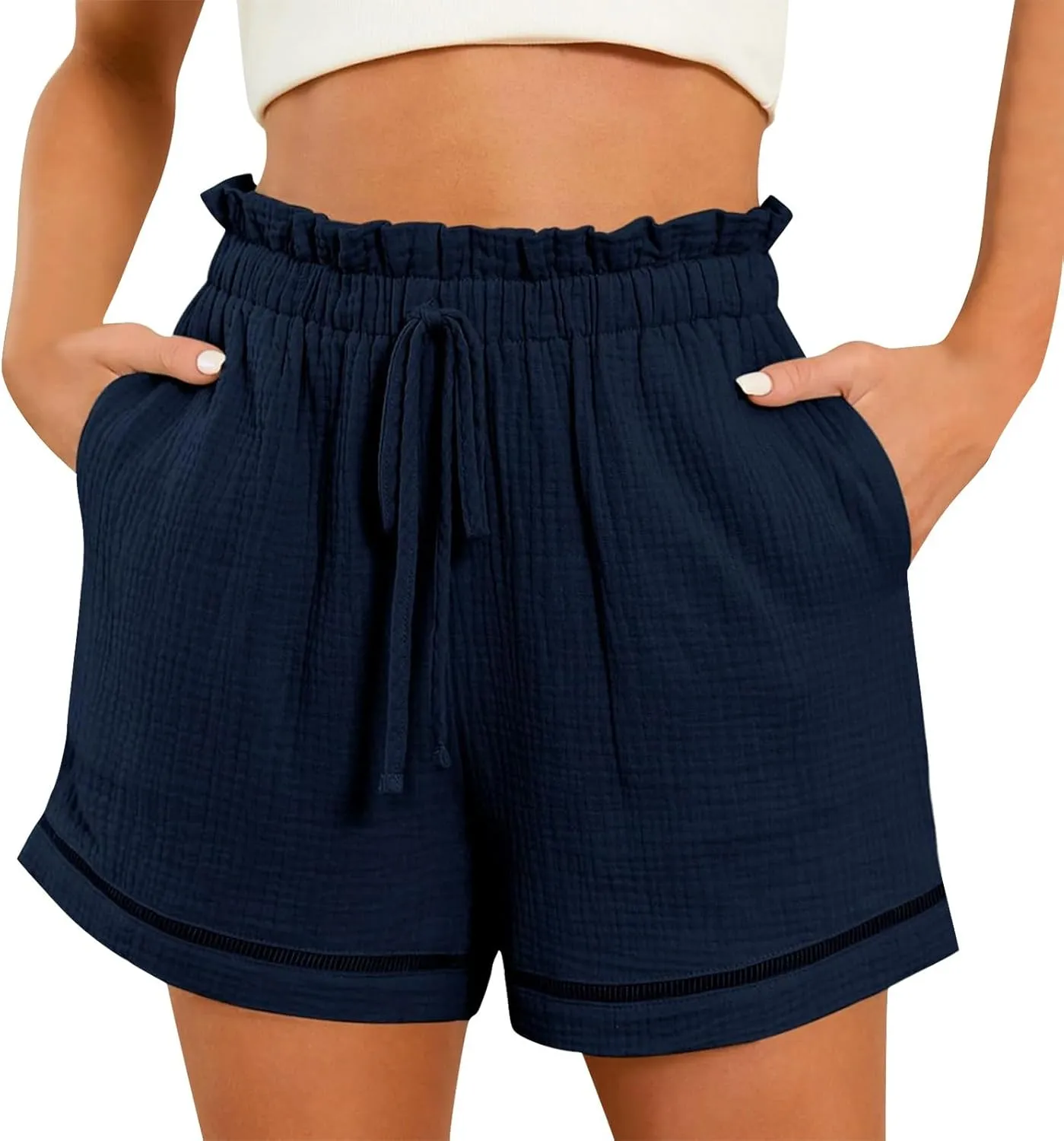Womens Cotton Shorts Elastic High Waisted Loose Fit Casual Paper Bag Shorts with Pockets Comfy Beach Summer Short Pants 2024