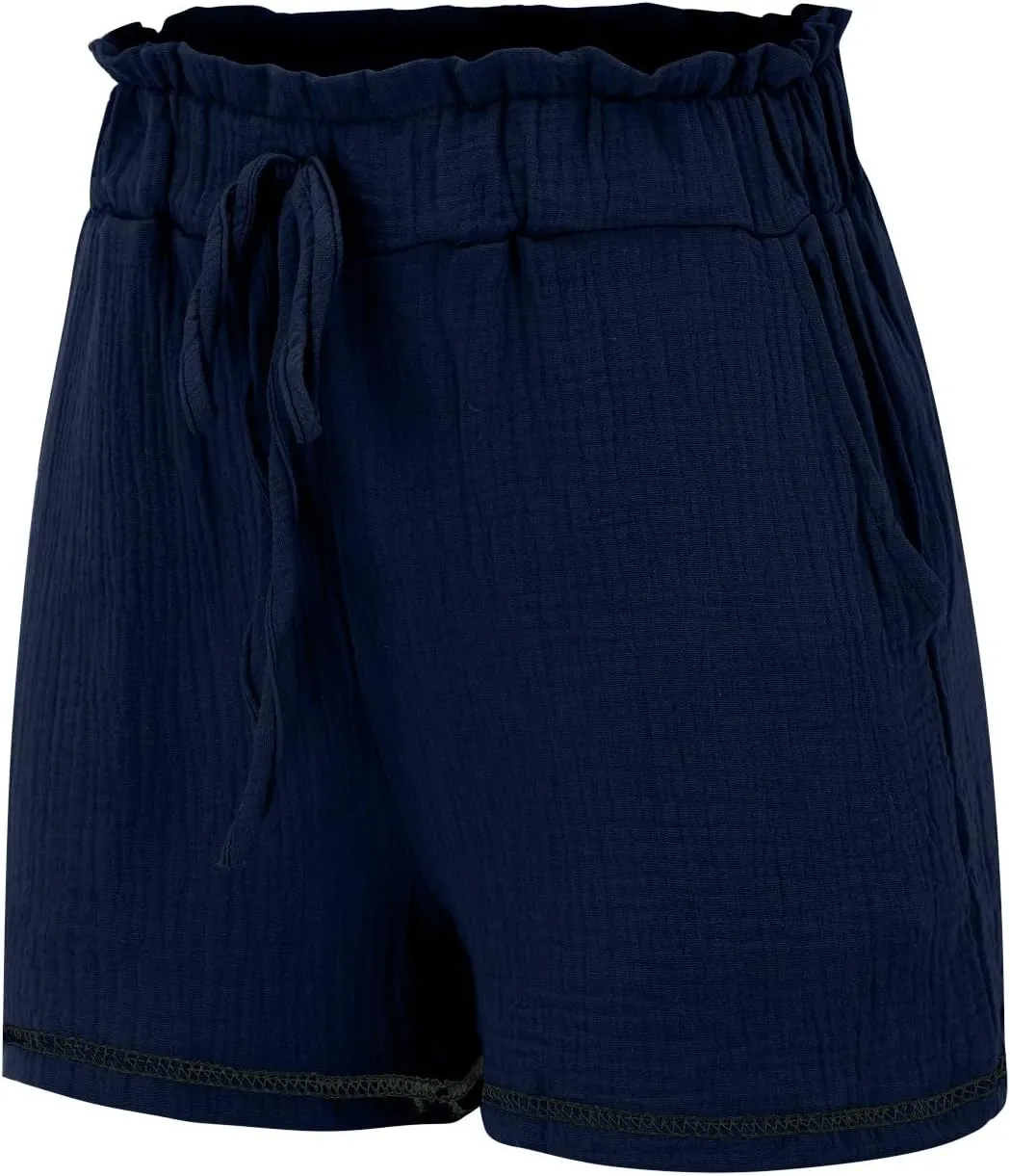 Womens Cotton Shorts Elastic High Waisted Loose Fit Casual Paper Bag Shorts with Pockets Comfy Beach Summer Short Pants 2024