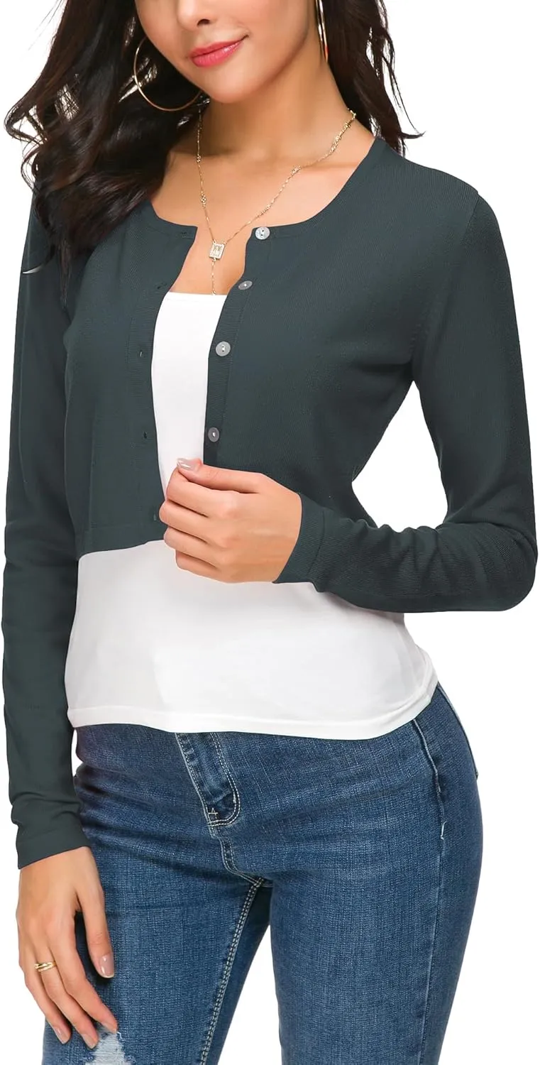Women's Cropped Knit Cardigan Sweater Long Sleeve Button Down Open Front Bolero Shrug for Spring and Fall