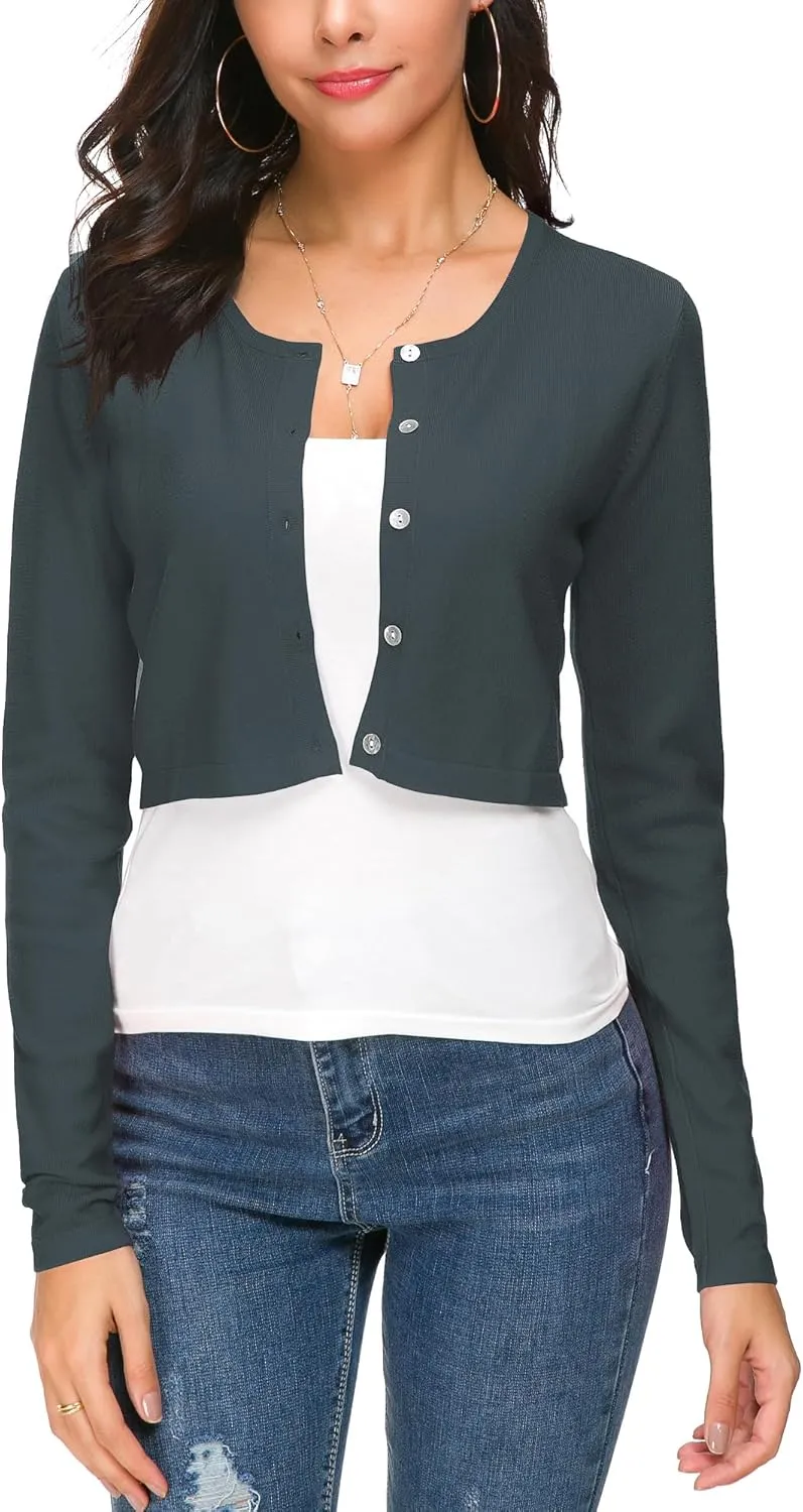 Women's Cropped Knit Cardigan Sweater Long Sleeve Button Down Open Front Bolero Shrug for Spring and Fall
