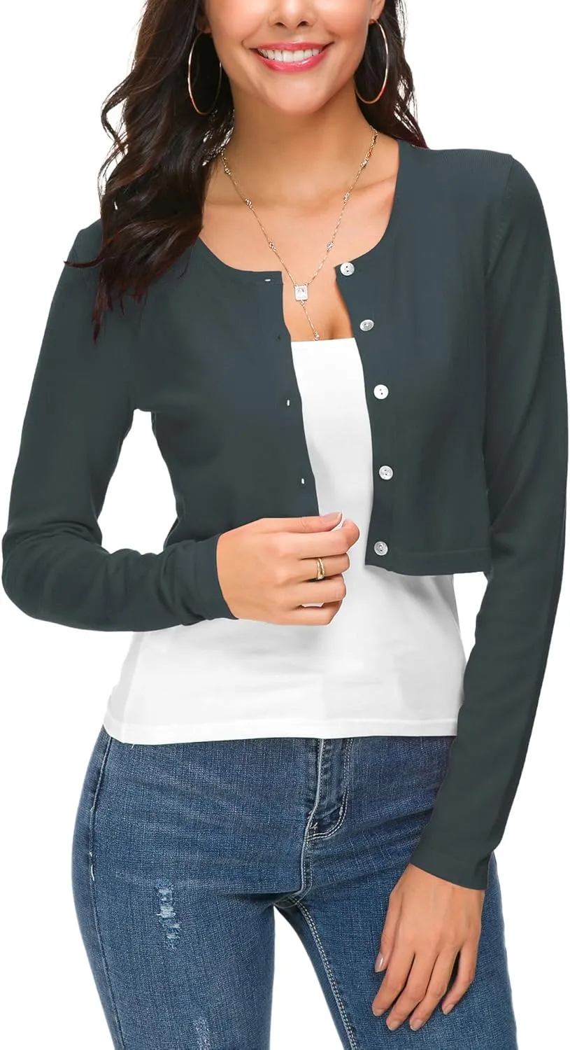 Women's Cropped Knit Cardigan Sweater Long Sleeve Button Down Open Front Bolero Shrug for Spring and Fall