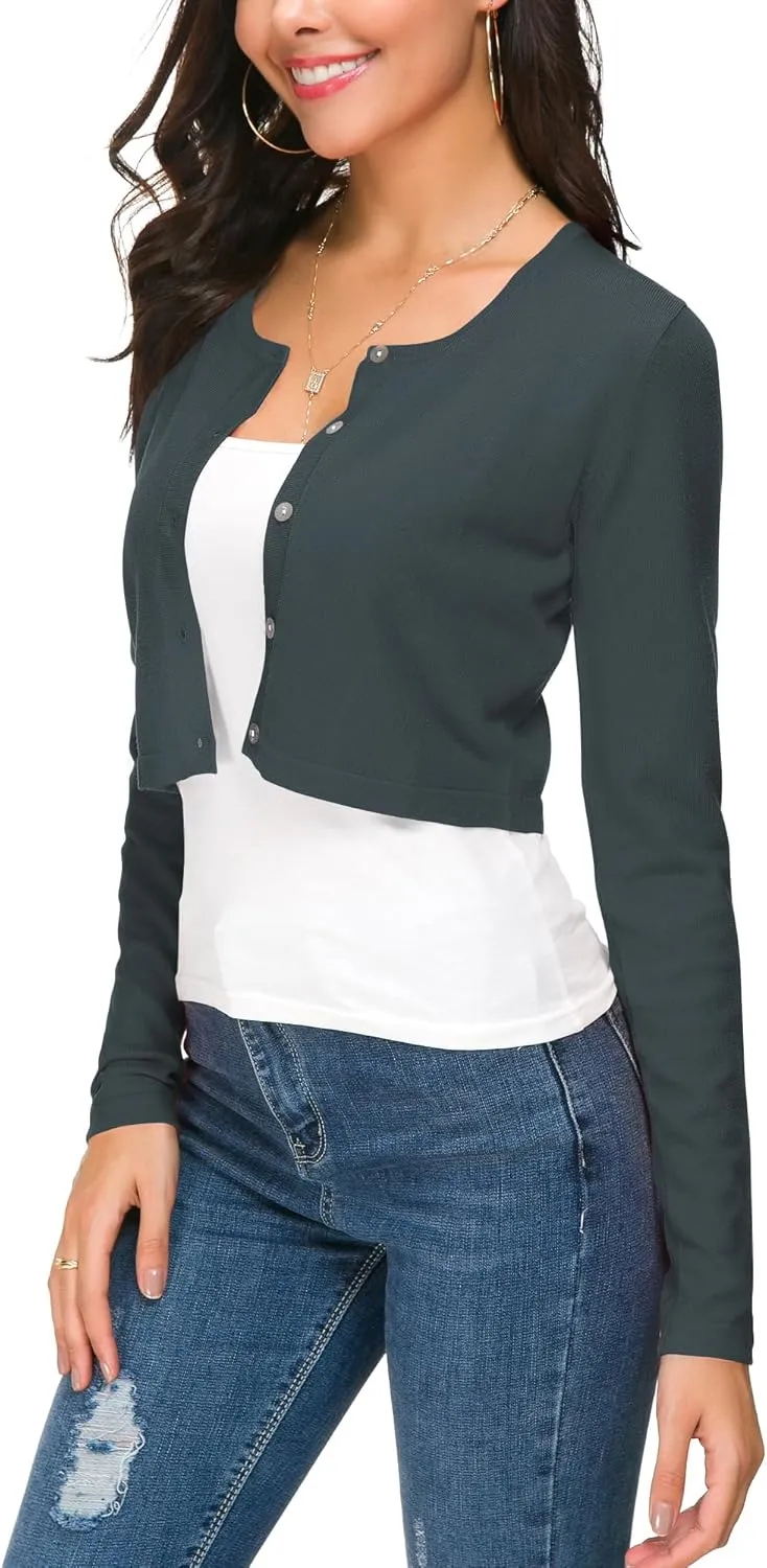 Women's Cropped Knit Cardigan Sweater Long Sleeve Button Down Open Front Bolero Shrug for Spring and Fall